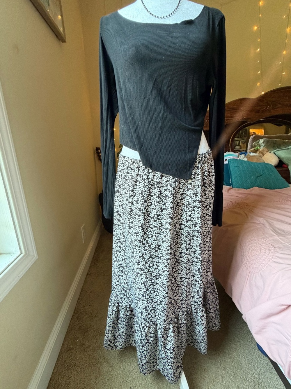 Black and white ditsy floral maxi skirt